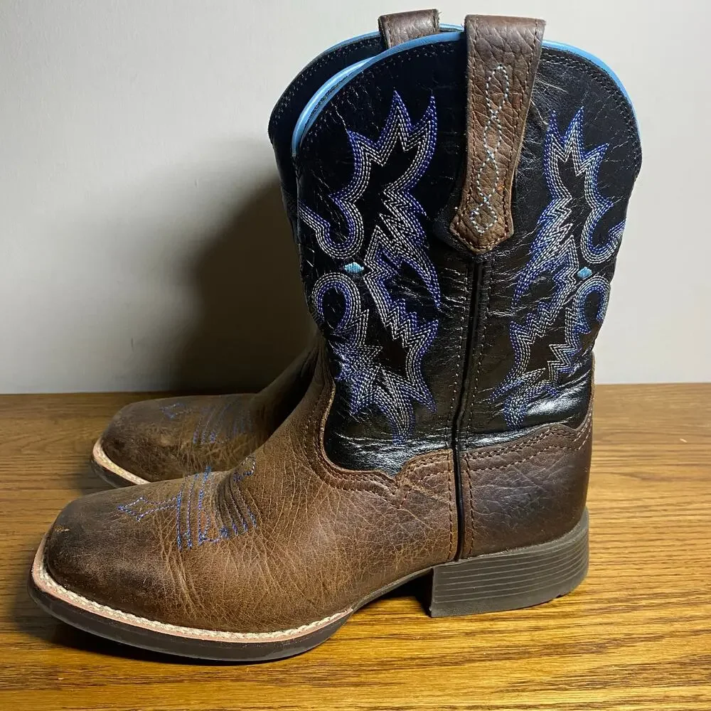 Ariat Tombstone Wide Square Toe Western Cowboy Boots Brown Blue Youth Boys Sz 1